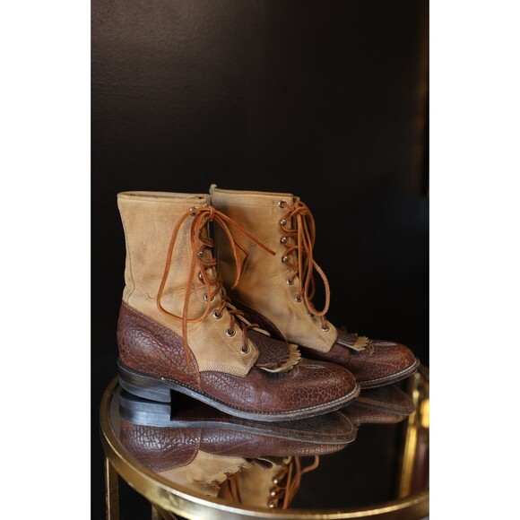 Women Prairie Cottage Justin Equestrian Brown Leather Paddock Lacer Boots 7.5 B - Picture 1 of 16
